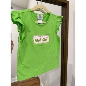 Smocked Polkadot Green Frog Embroidered Ruffle Sleeve TShirt Kids Size 4